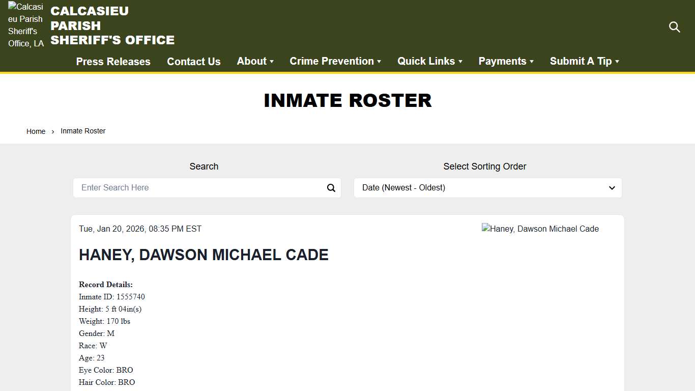 Inmate Roster | Calcasieu Parish Sheriff's Office, LA